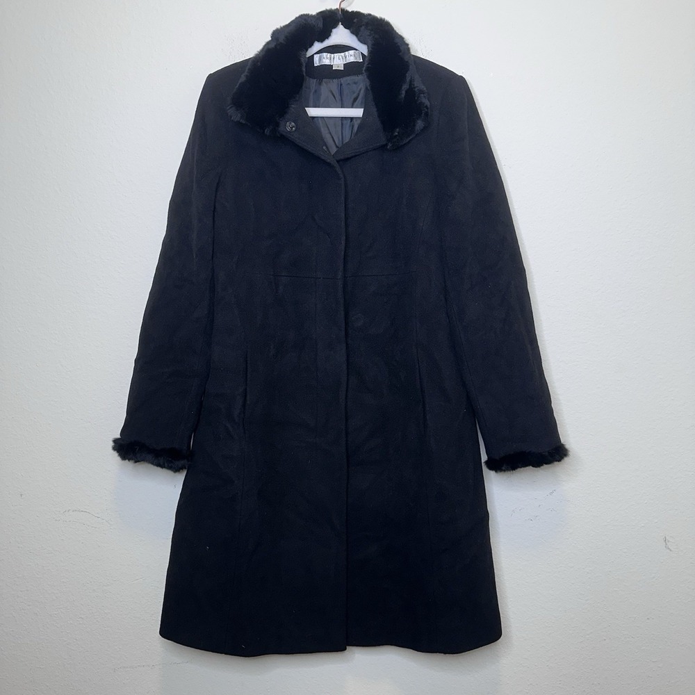 Larry Levine Womens Wool Cashmere Maxi Coat Genuine Rex Rabbit Fur Lining Sz 2